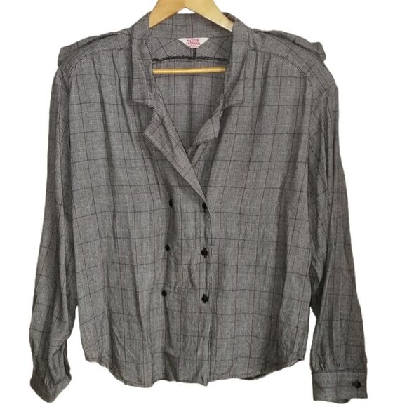 Vintage Tops - Vintage Canadian Checkered Black & White Double Breasted Secretary Blouse Large